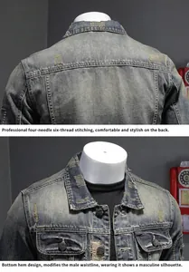 Detailed macro view showing professional stitching and distressed texture of a vintage denim jacket