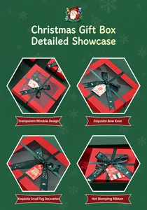 Primer plano de caja de regalo roja navideña con ventana transparente y cinta verde