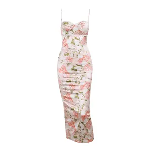 Detailed view of the French floral satin camisole maxi dress with a mermaid hemline.