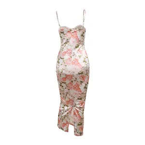 Back view detail of French floral satin camisole maxi dress with slim fit mermaid hem
