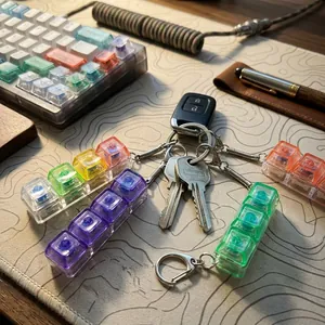 Primo piano di portachiavi colorati con interruttori meccanici luminosi su un tappetino da scrivania