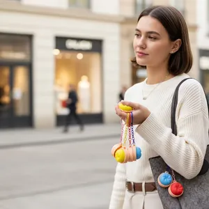 Modelo con coloridos llaveros de juguete con forma de pan al vapor en entorno urbano