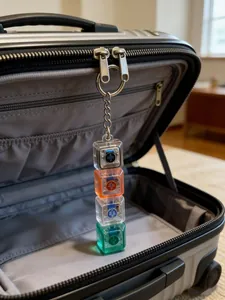 Primo piano del portachiavi fidget a 4 tasti meccanici su una cerniera di valigia.