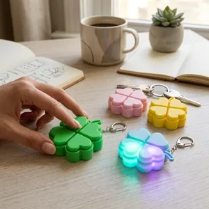 Close-up view of a hand pressing a glowing four-leaf clover fidget keychain on a cozy desk.