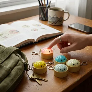 Gros plan de porte-clés colorés en forme de brioches vapeur lumineuses sur un bureau