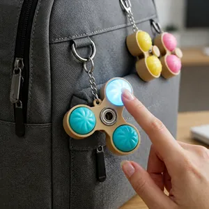 Gros plan du hand spinner ravioli lumineux avec interrupteur mécanique et effet LED.