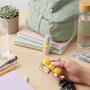 Close-up of a hand holding a yellow cat paw mechanical keycap fidget toy keychain.
