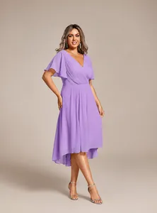 Lavender chiffon high-low dress with elegant ruffled sleeves and V-neckline detail.