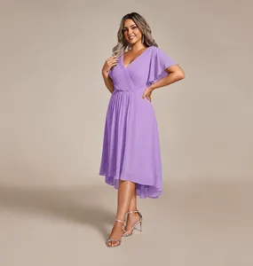 Close-up view of lavender V-neck chiffon plus size evening dress with ruffle sleeves.
