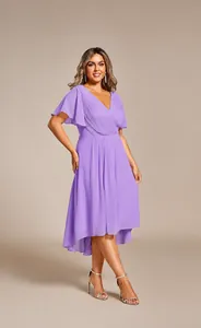 Elegant lavender plus size chiffon dress featuring flutter sleeves and a chic high-low hemline