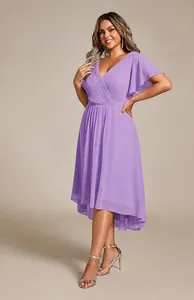 Detailed view of lavender plus size chiffon dress with ruffles and high-low asymmetrical hem