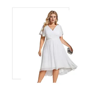 Plus size white chiffon V-neck dress with flutter sleeves and high-low hem detail