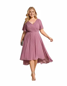 Detail showing the pleated V-neck and flutter sleeves of the pink chiffon high-low dress.