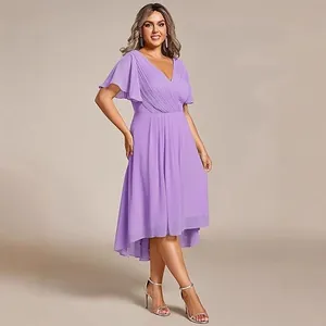 Women's Plus Size High-Low Evening Dress Elegant V-Neck Ruffle Sleeve Chiffon Party Gown Polyester Formal Prom Dress