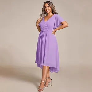 Elegant purple chiffon plus size dress with ruffle sleeves and high-low hemline