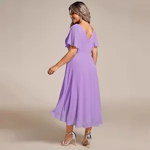 Elegant lavender plus size chiffon evening dress with flutter sleeves and open V-neck back
