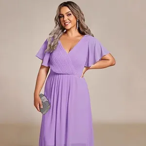 Elegant lavender plus size chiffon evening dress with flutter sleeves and V-neckline