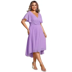 Plus size chiffon evening dress with V-neck, flutter sleeves and high-low hemline