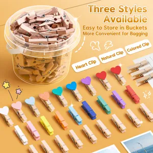 Detailed view of assorted wooden photo clips with heart shapes in a storage bucket
