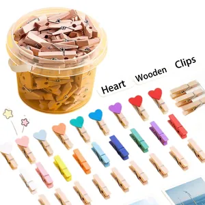 100pcs mini wooden clips set with heart shapes in natural and colorful finishes