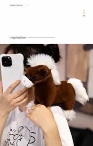 Detail view of a cute brown horse plush toy with white mane resting on a person shoulder