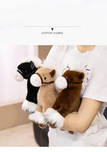 Three colorful plush horse toys held in arms showcasing soft cotton fabric detail