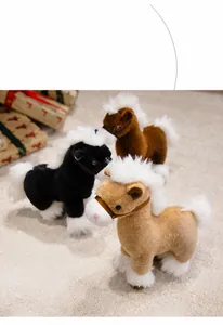 Detailed view of three realistic pony plush toys in beige, black, and brown colors