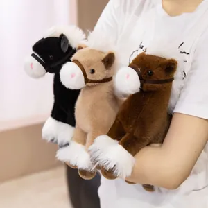 Set of three cute realistic plush horse toys in black, beige, and brown colors for kids