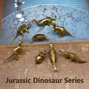 Vintage Brass Dinosaur Figurine Mini Jurassic Animal Sculpture Retro Copper Desktop Ornament Home Office Decoration Collectible Handheld Toy