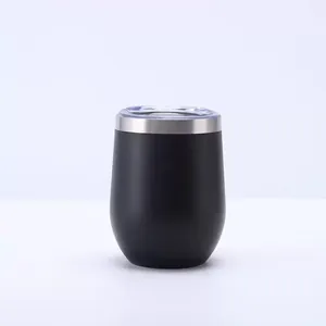Close-up of a matte black 12oz stainless steel wine tumbler with a clear lid and silver rim.