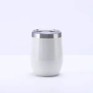 Detailed view of a white 12oz stainless steel egg-shaped insulated tumbler with lid