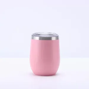 Detailed frontal view of a matte pink 12oz stainless steel vacuum insulated wine tumbler