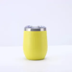 Premium 12oz yellow vacuum insulated stainless steel eggshell wine tumbler with clear lid