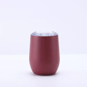 Side view of a burgundy 12oz insulated stainless steel eggshell tumbler with clear lid