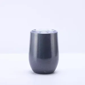 Insulated 12oz dark grey stainless steel eggshell wine tumbler with a clear splash-proof lid