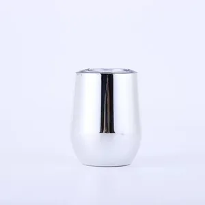 Close-up view of a 12oz silver mirror-finish stainless steel wine tumbler with a clear lid.