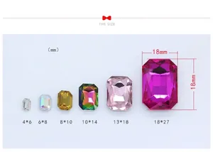 Comparative size chart showing various octagonal glass crystal rhinestones for DIY crafts