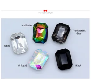 Detailed view of octagonal emerald-cut crystal glass rhinestones in five colors