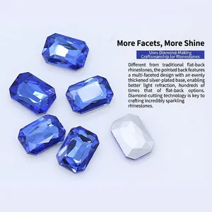 Octagonal faceted blue crystal glass rhinestones with a pointed silver-plated back