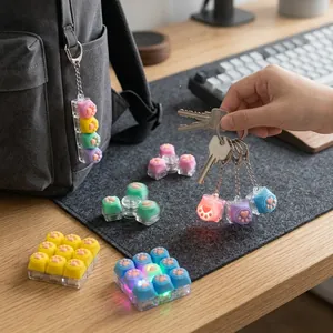 Gros plan de porte-clés interrupteurs chat et jouets LED fidget sur un sous-main