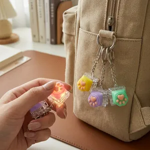 Vue détaillée d'un porte-clés chat en silicone lumineux sur un sac à dos en toile