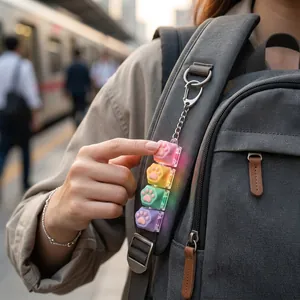 Gros plan d'un porte-clés patte de chat à touches mécaniques avec LED sur un sac à dos.