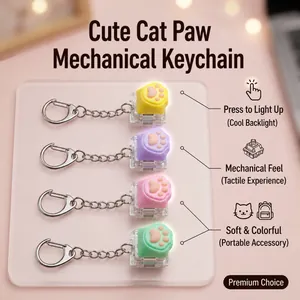 Detail view of four colorful silicone cat paw mechanical keyboard fidget keychains with RGB lights