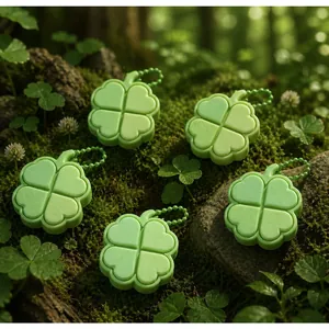 Detail of five green four-leaf clover fidget keychains with mechanical buttons on moss.