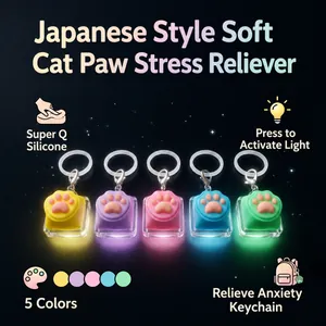 Vista dettagliata di cinque portachiavi luminosi in silicone a forma di zampa di gatto.