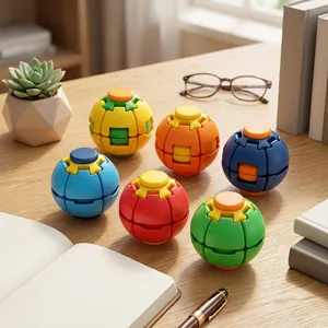 Detailed view of colorful 3D printed puzzle balls arranged on a wooden desk surface