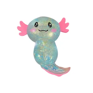Glittery translucent axolotl squishy toy in blue and pink for stress relief