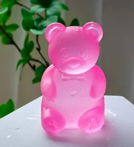 Cute translucent pink gummy bear squishy stress relief toy with a soft maltose texture