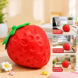 Detailed view of a realistic red strawberry squishy toy used for stress relief