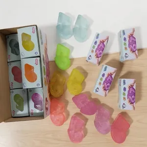 Detail showing 67-shaped colorful TPR squeeze toys in various vibrant shades, 6 colors.